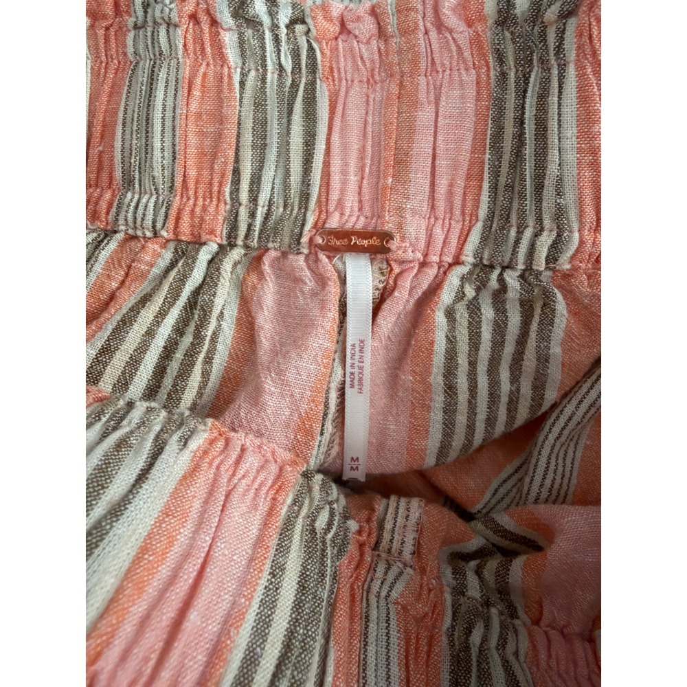 Free People Striped Wide Leg Linen Blend Pants Coral Cream Olive Medium - Picture 7 of 9